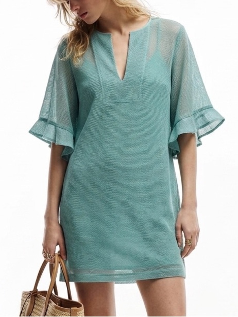 BCBG MaxAzria Chic Aqua Ruffle Sleeve Mini Dress mesh with slip under